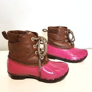 Adrienne Vittadini Toddler Girl Tan and Pink Rain Snow Duck Boots Size 7